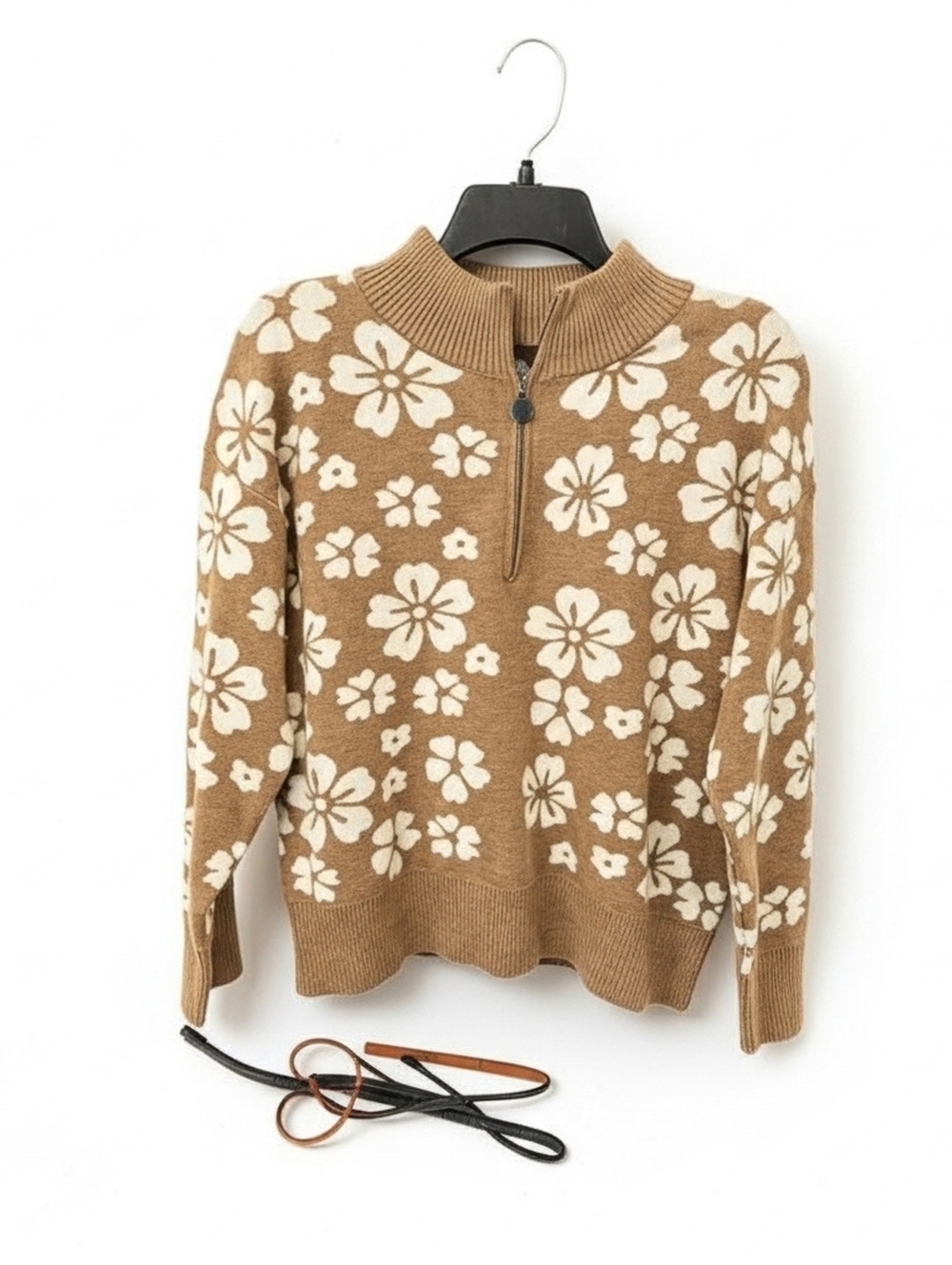 Sioni Floral Quarter-Zip Knit Sweater - Tan & White - Size Medium.